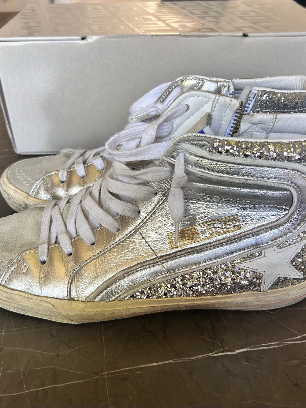 Golden Goose Metallic Silver Glitter High-Top Sneakers